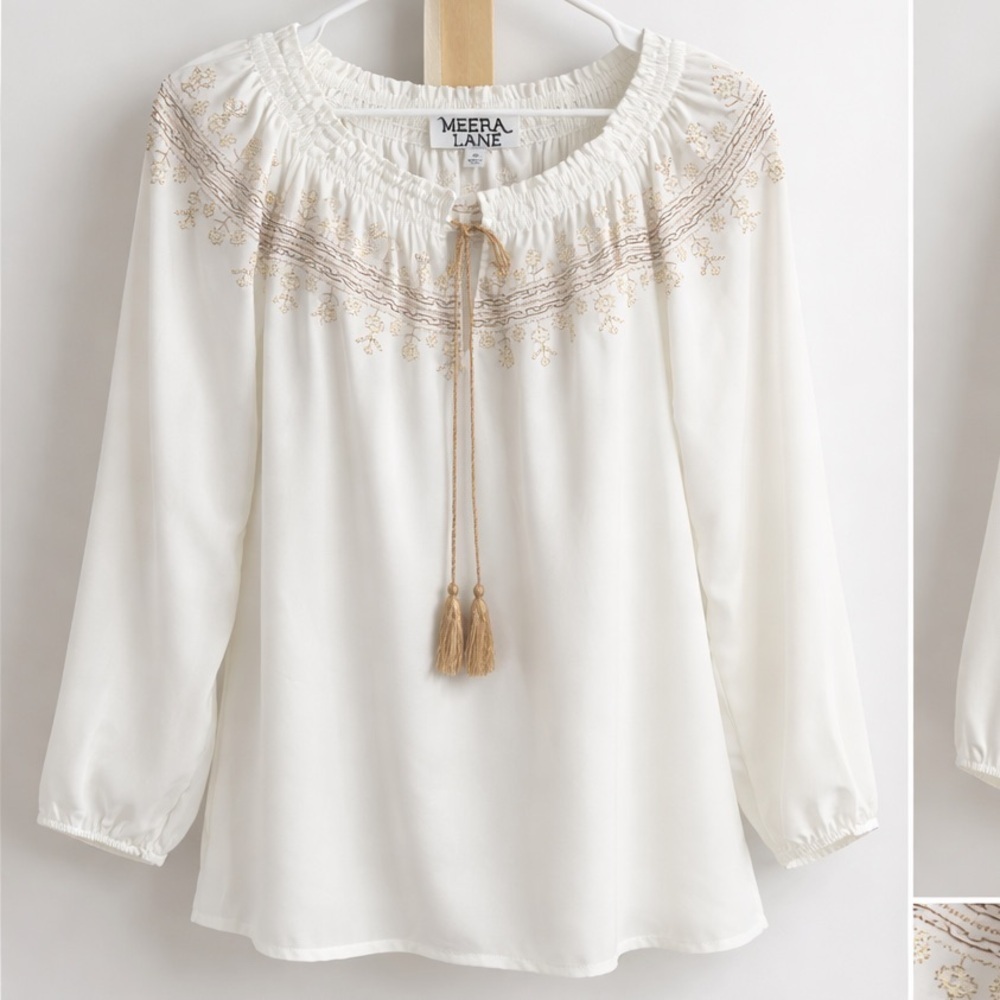 Meera Lane Boho White Embroidered Women's Top